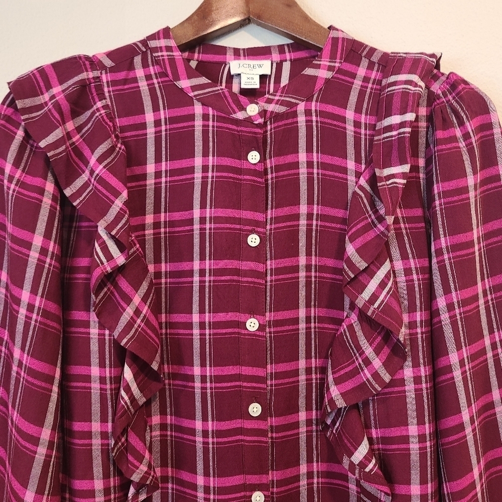 J Crew Plaid Ruffle Button Front Burgundy Shirt - Picture 2 of 4